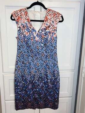 L.K.Bennett Vanessa Blue White & Coral Floral  Sleeveless Sheath Dress Size 12